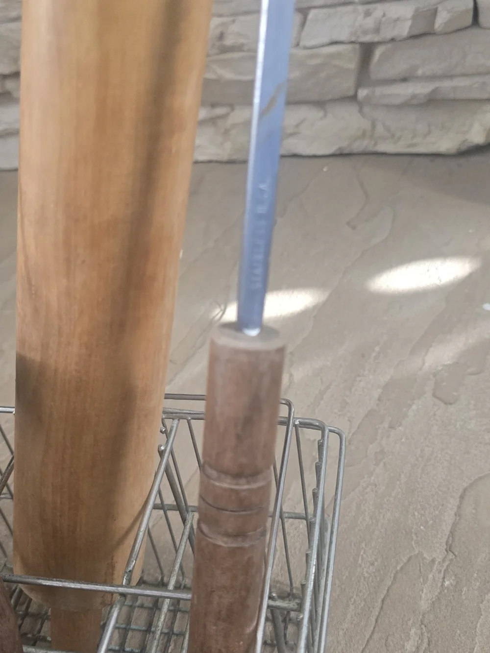 Wood and Metal Kitchen Utensil Items with Metal Storage Basket